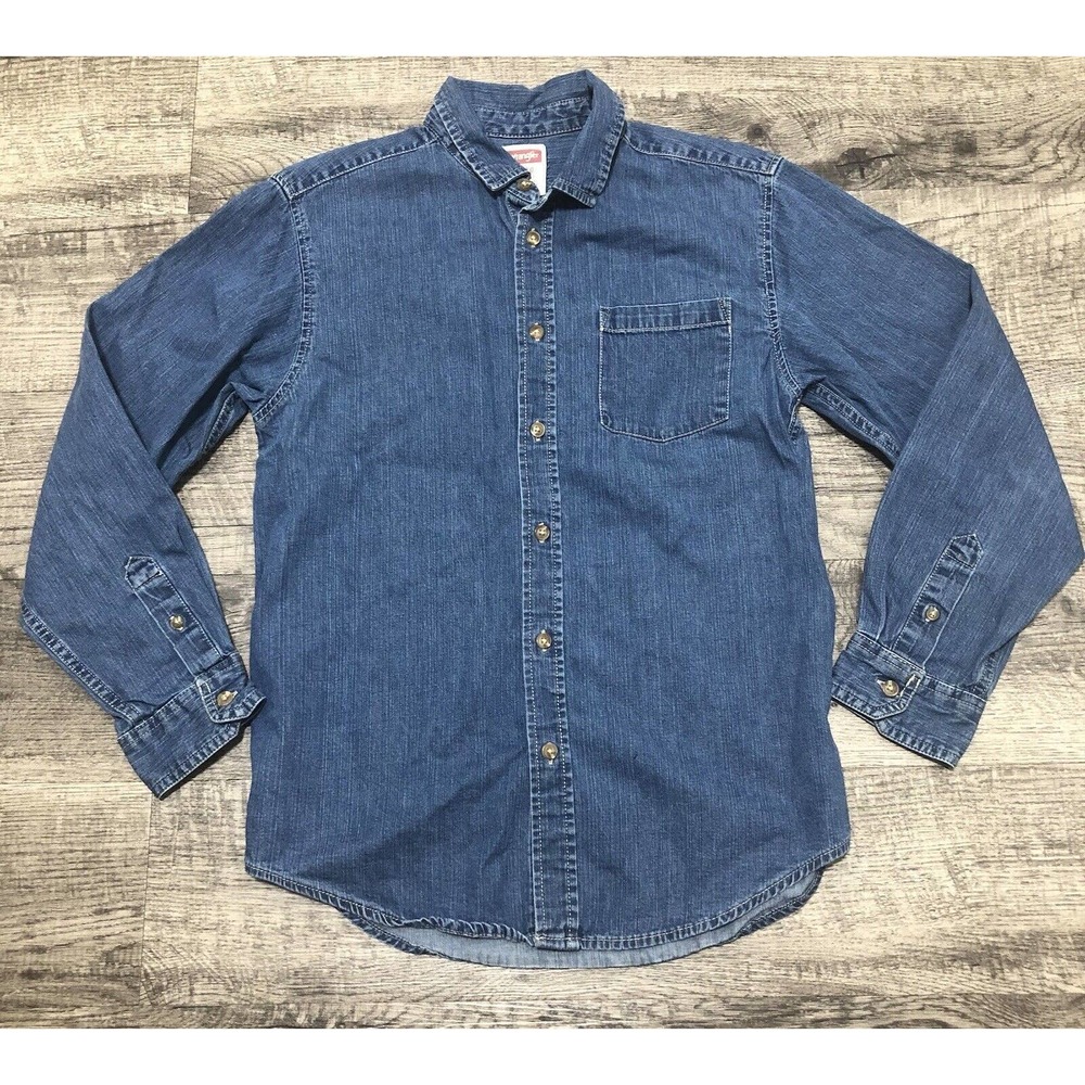 Wrangler Boys Sz 14/16 XL Denim Jean Shirt Blue Long Sleeve Button-Down Rodeo B1